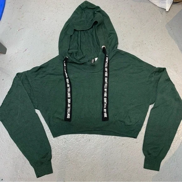 Green Cropped Knit Hoodie Sweater S Long Sleeve Streetwear Chunky Drawcord Shirt - Picture 8 of 8